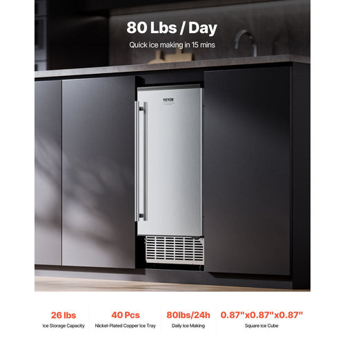 Vevor Ice Maker Undercounter Built-In 80 lbs/Day Reversible Door Stainless Steel New