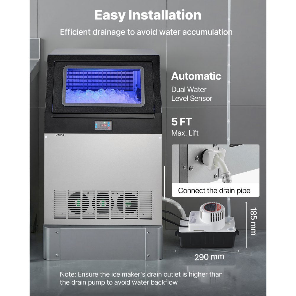 Vevor Ice Maker Commercial 360 lbs/24h Freestanding Under Counter Stainless Steel with Pump New