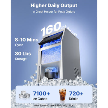 Vevor Ice Maker Commercial Freestanding Under-Counter Stainless Steel 160 lbs/24h with Pump New