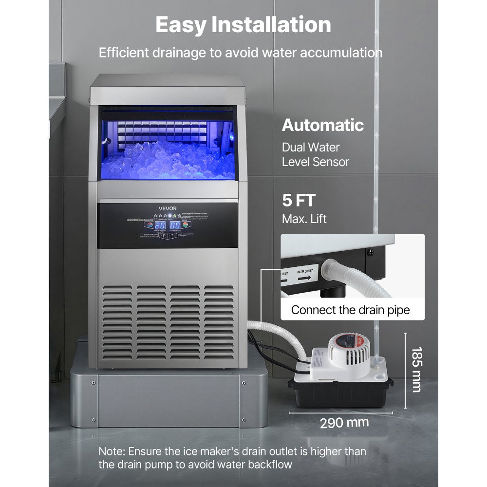 Vevor Ice Maker Commercial Freestanding Under-Counter Stainless Steel 160 lbs/24h with Pump New