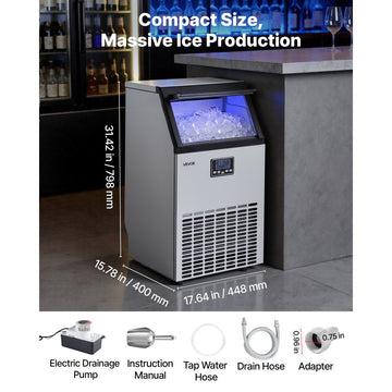 Vevor Ice Maker Commercial Freestanding 100 lbs/24h 26 lbs Storage Stainless Steel New