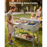 Vevor Griddle Outdoor Propane 3-Burner Stainless Steel Cart with Food Pans and Wheels New