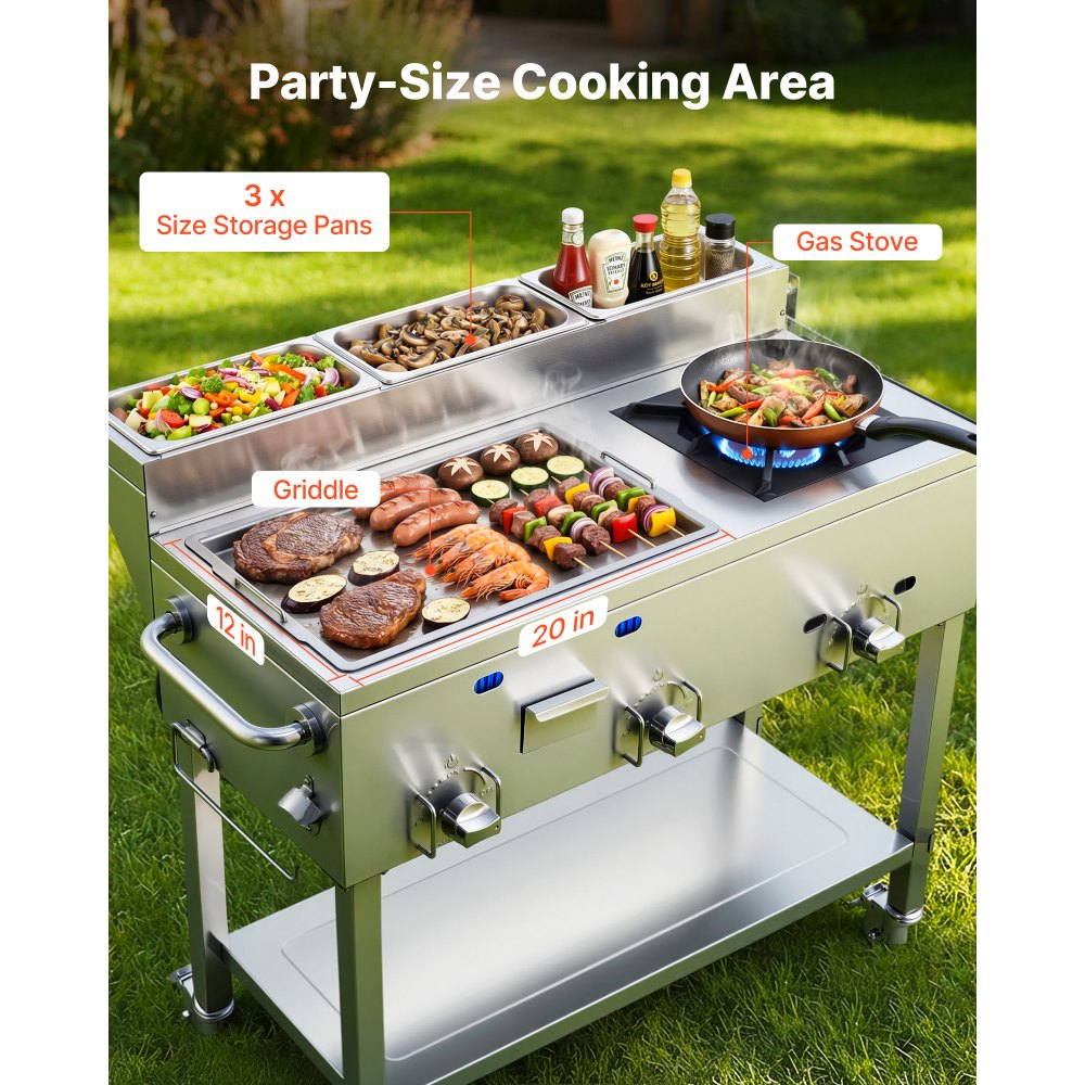 Vevor Griddle Outdoor Propane 3-Burner Stainless Steel Cart with Food Pans and Wheels New