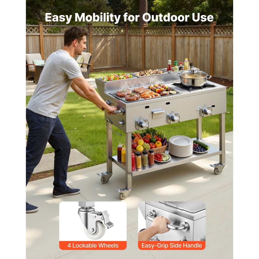 Vevor Griddle Outdoor Propane 3-Burner Stainless Steel Cart with Food Pans and Wheels New