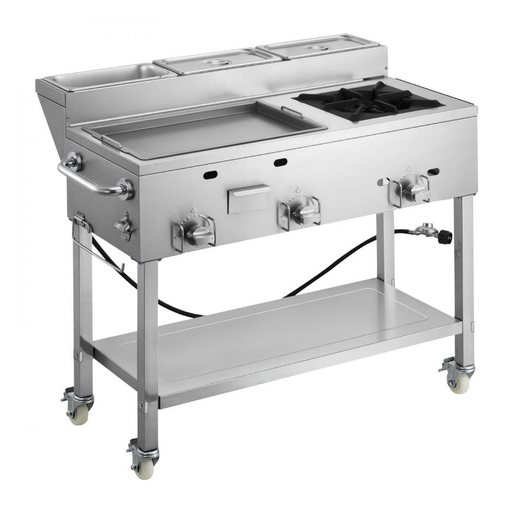 Vevor Griddle Outdoor Propane 3-Burner Stainless Steel Cart with Food Pans and Wheels New