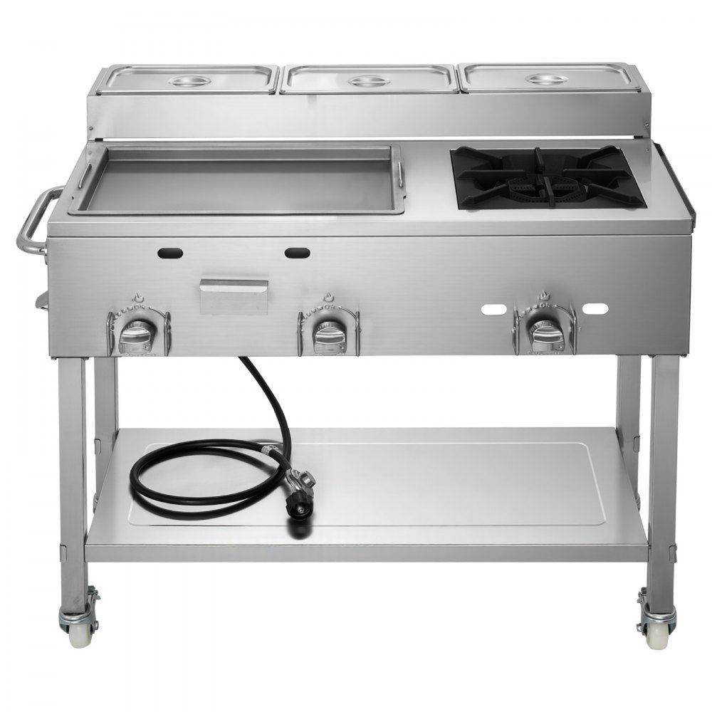 Vevor Griddle Outdoor Propane 3-Burner Stainless Steel Cart with Food Pans and Wheels New