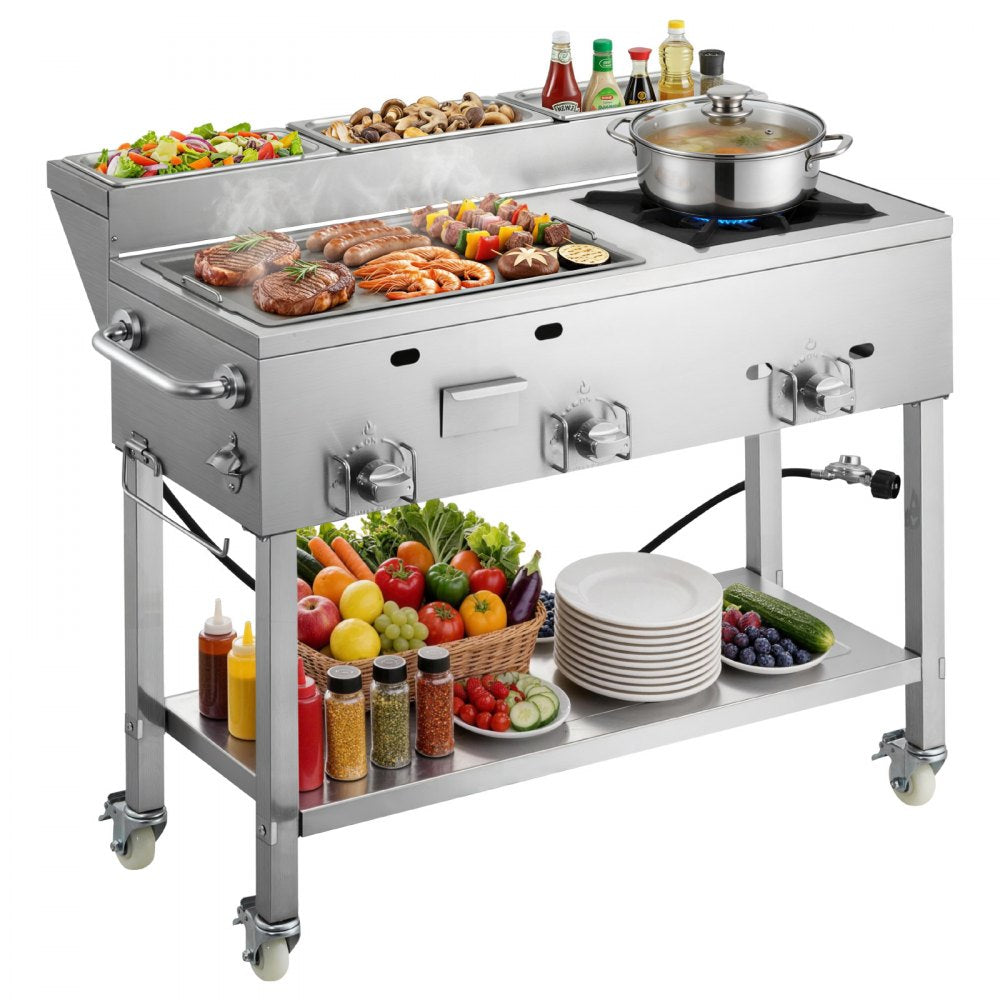 Vevor Griddle Outdoor Propane 3-Burner Stainless Steel Cart with Food Pans and Wheels New
