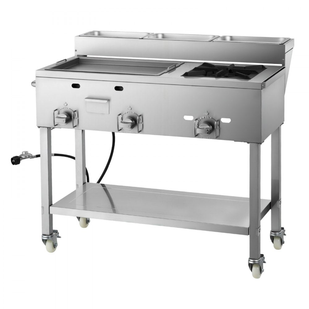 Vevor Griddle Outdoor Propane 3-Burner Stainless Steel Cart with Food Pans and Wheels New