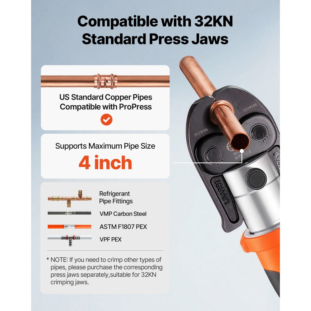Vevor Press Tool 18V Electric Pipe Crimping Tool with 6 VUS Jaws New