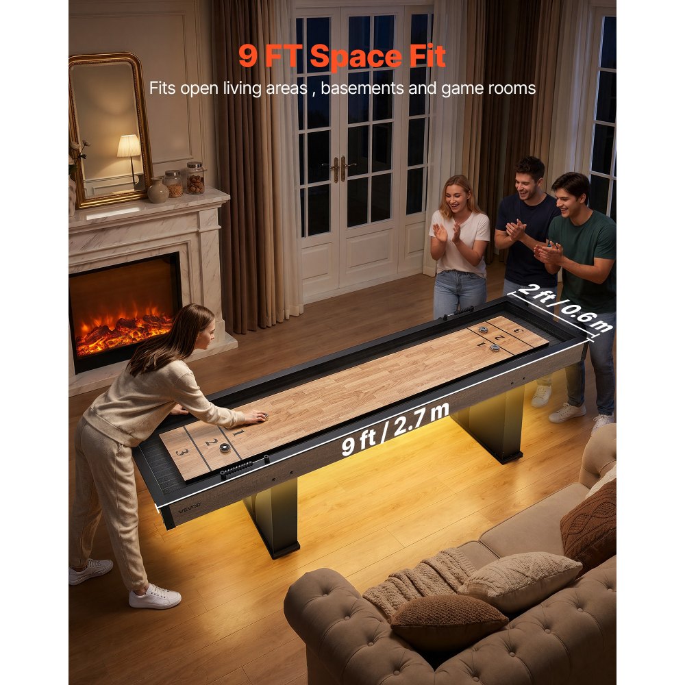 Vevor Shuffleboard Table 9' LED 2-in-1 Bowling Combo Set New