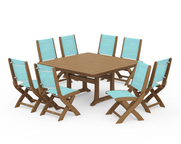 Coastal Folding Side Chair 9-Piece Dining Set with Trestle Legs