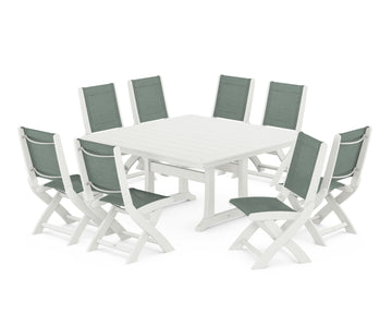 Coastal Folding Side Chair 9-Piece Dining Set with Trestle Legs