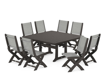 Coastal Folding Side Chair 9-Piece Dining Set with Trestle Legs