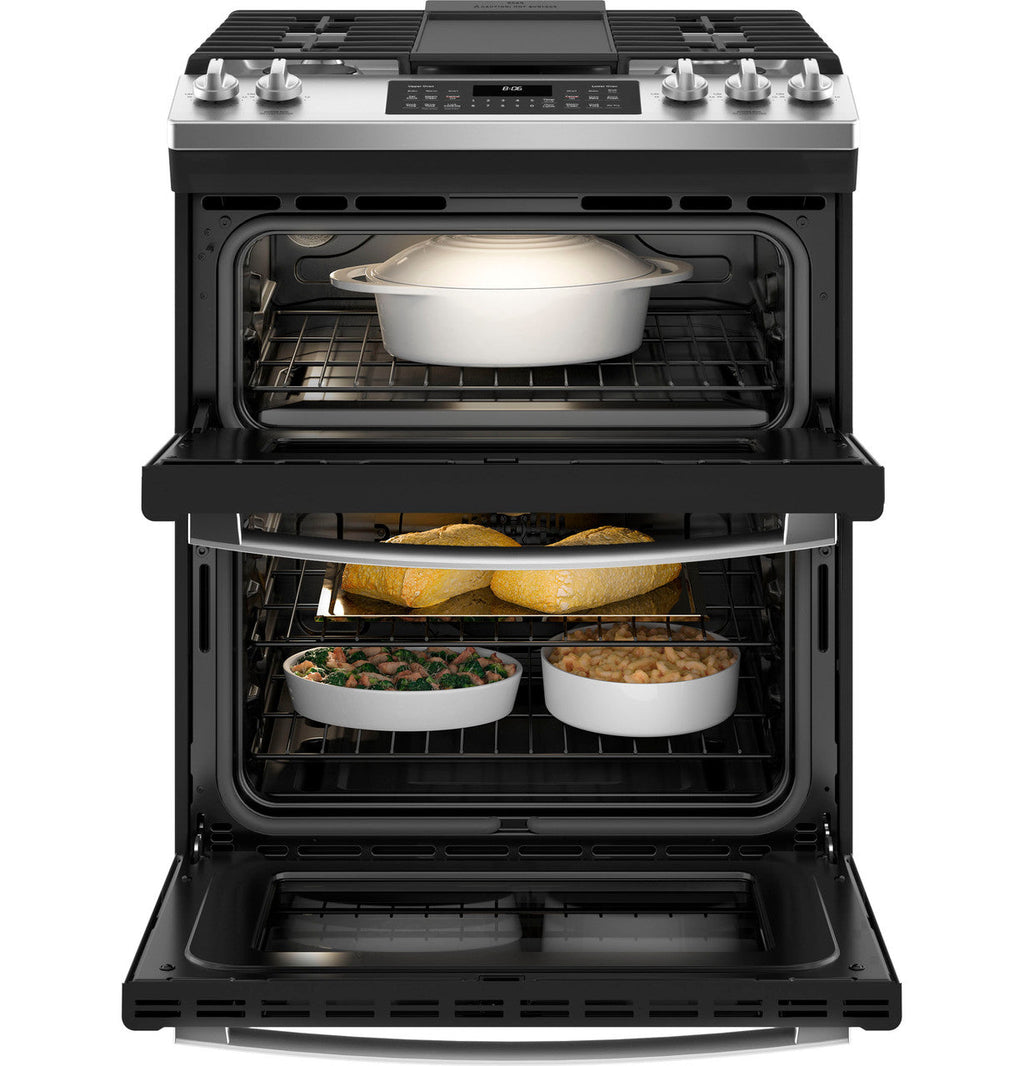 GE 30" Slide-In Front Control Gas Double Oven Range