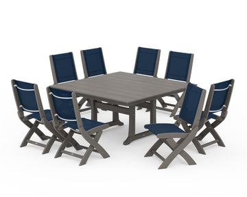 Coastal Folding Side Chair 9-Piece Farmhouse Dining Set