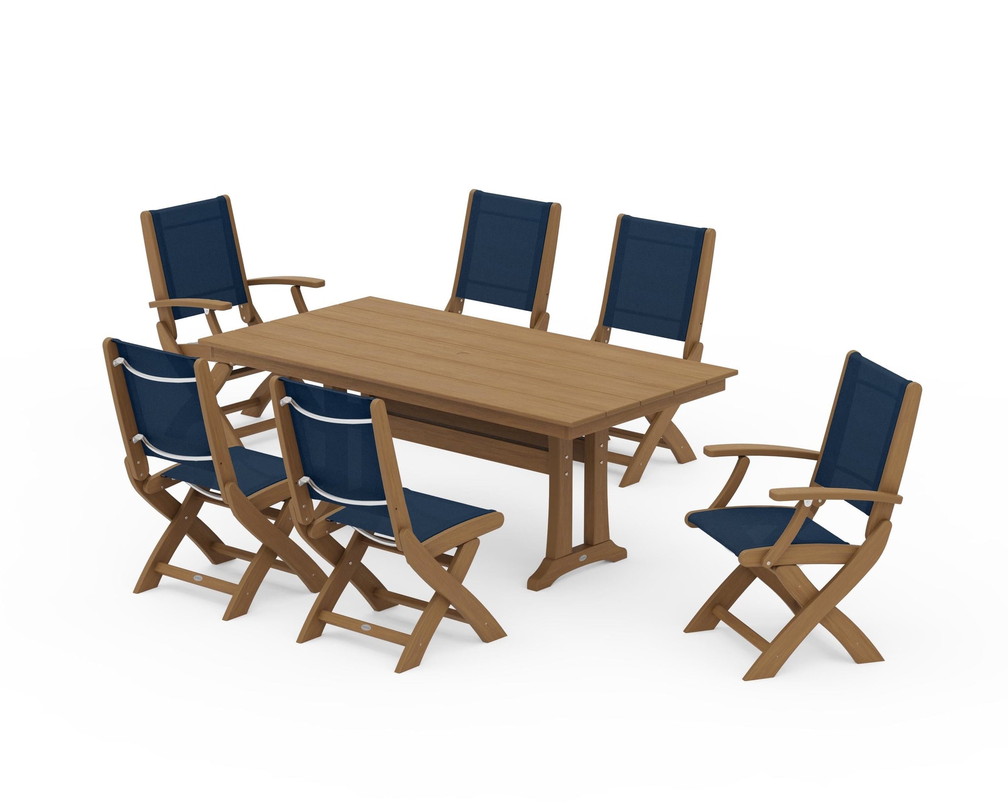 Coastal Folding Chair 7-Piece Farmhouse Dining Set with Trestle Legs