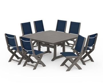 Coastal Folding Side Chair 9-Piece Dining Set with Trestle Legs