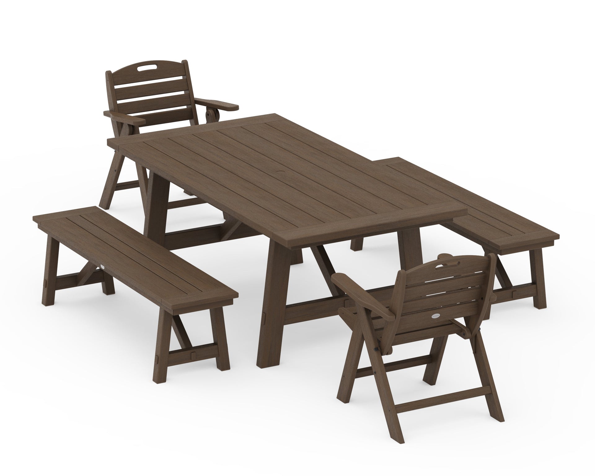 Nautical Folding Lowback Chair 5-Piece Rustic Farmhouse Dining Set With Benches