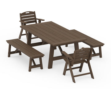 Nautical Folding Lowback Chair 5-Piece Rustic Farmhouse Dining Set With Benches