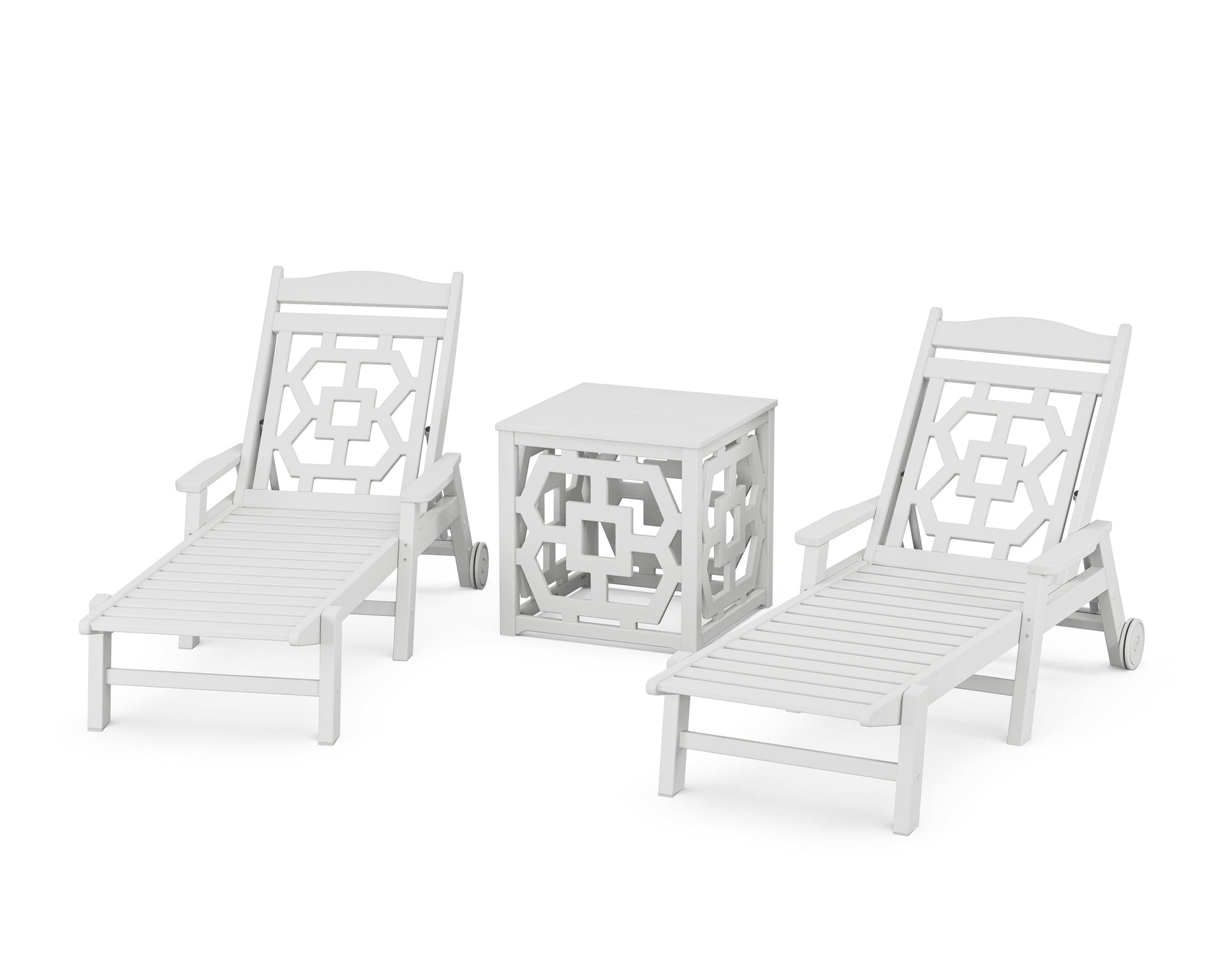Chinoiserie 3-Piece Chaise Set with Umbrella Stand Accent Table