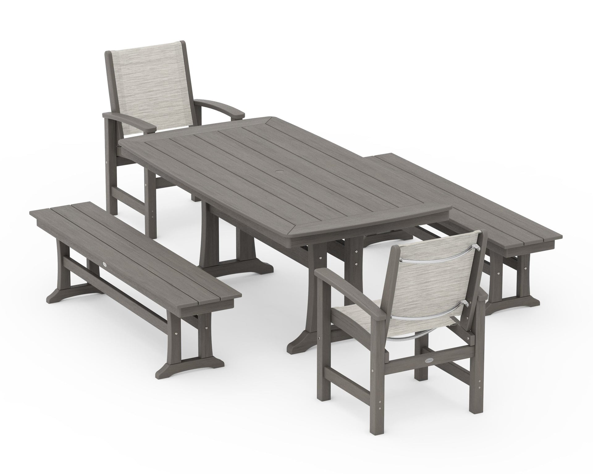 Coastal 5-Piece Dining Set with Trestle Legs and Benches