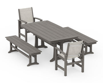 Coastal 5-Piece Dining Set with Trestle Legs and Benches