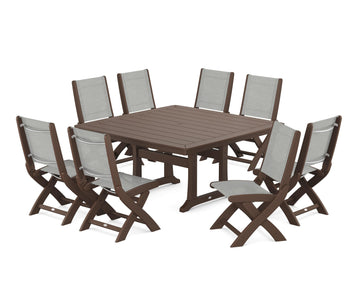 Coastal Folding Side Chair 9-Piece Dining Set with Trestle Legs
