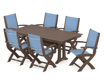 Coastal Folding Arm Chair 7-Piece Farmhouse Dining Set with Trestle Legs