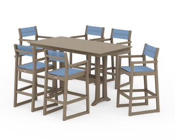 EDGE Sling Arm Chair 7-Piece Farmhouse Bar Set with Trestle Legs