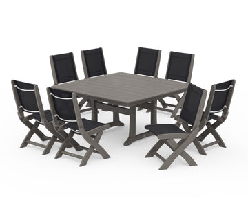 Coastal Folding Side Chair 9-Piece Dining Set with Trestle Legs