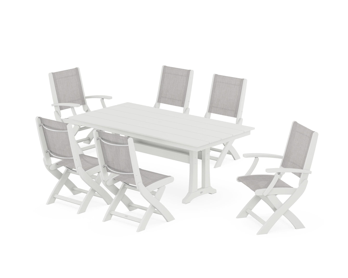 Coastal Folding Chair 7-Piece Farmhouse Dining Set with Trestle Legs