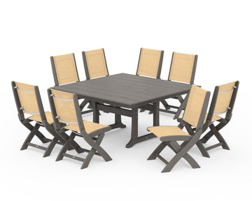Coastal Folding Side Chair 9-Piece Farmhouse Dining Set