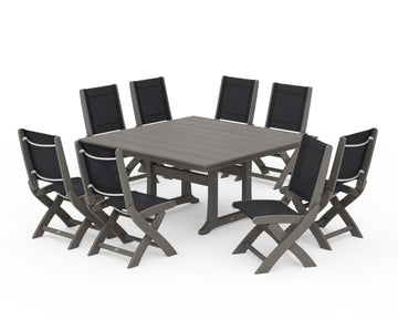 Coastal Folding Side Chair 9-Piece Farmhouse Dining Set