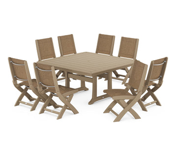 Coastal Folding Side Chair 9-Piece Dining Set with Trestle Legs