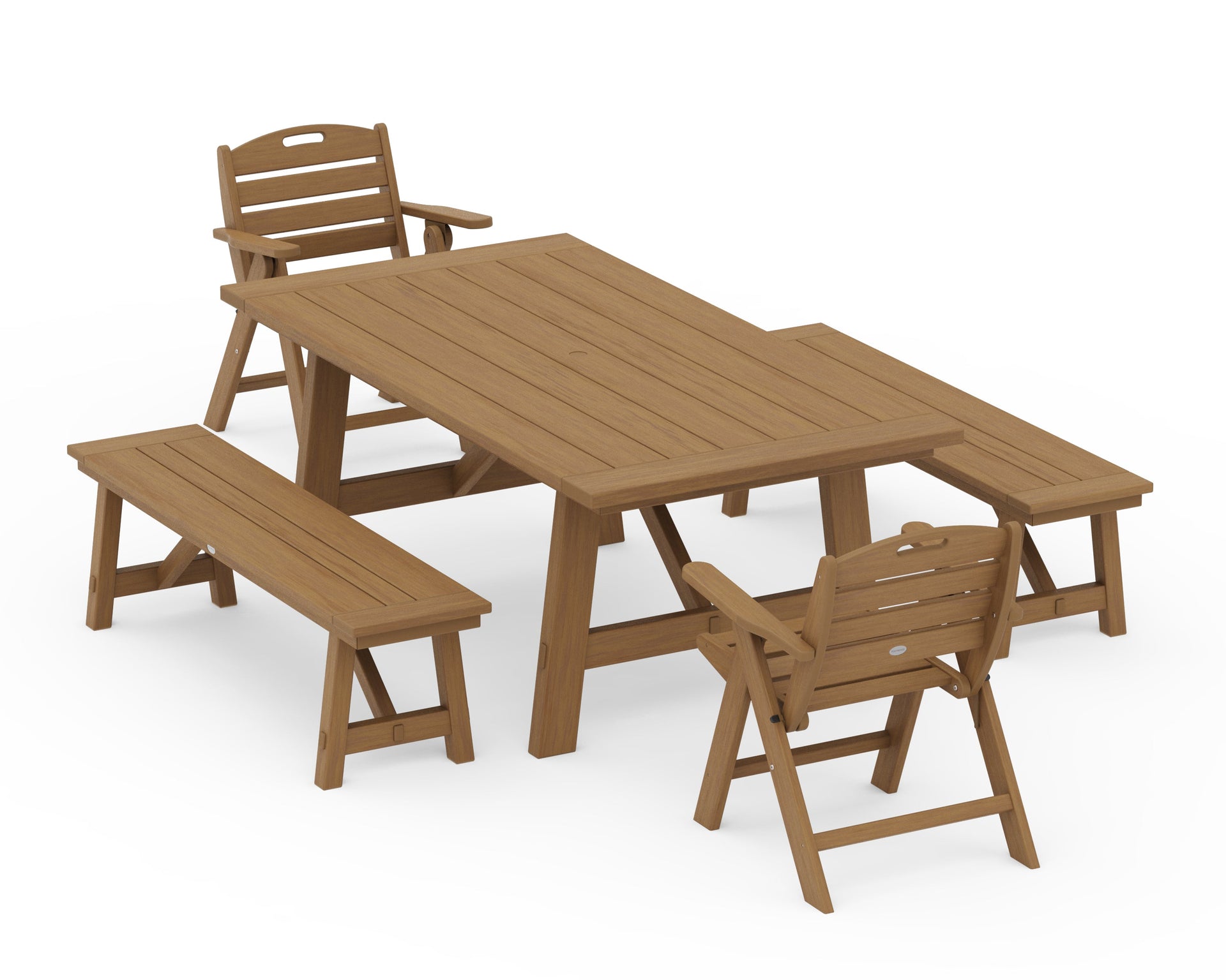 Nautical Folding Lowback Chair 5-Piece Rustic Farmhouse Dining Set With Benches