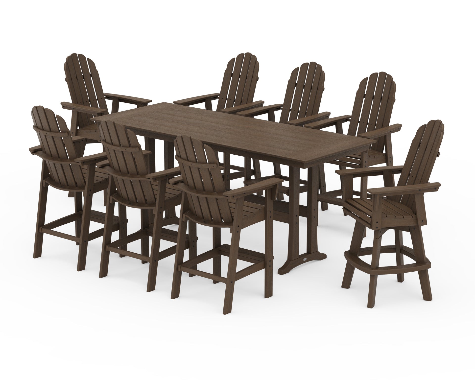 Vineyard Curveback Adirondack Swivel 9-Piece Farmhouse Bar Set with Trestle Legs