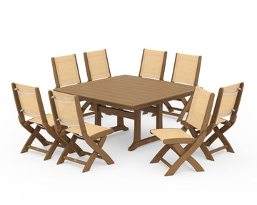 Coastal Folding Side Chair 9-Piece Dining Set with Trestle Legs