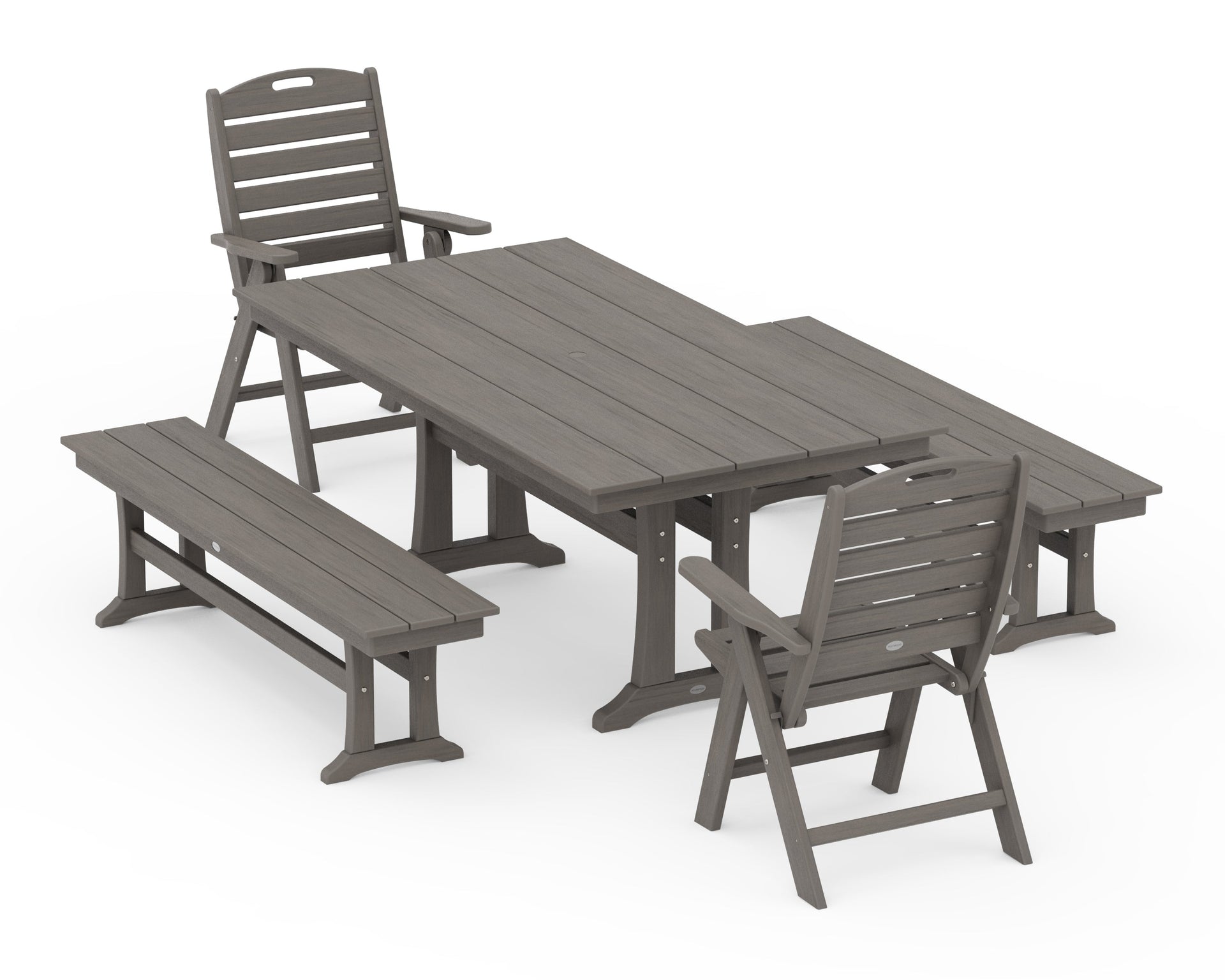 Nautical Folding Highback Chair 5-Piece Farmhouse Dining Set With Trestle Legs and Benches