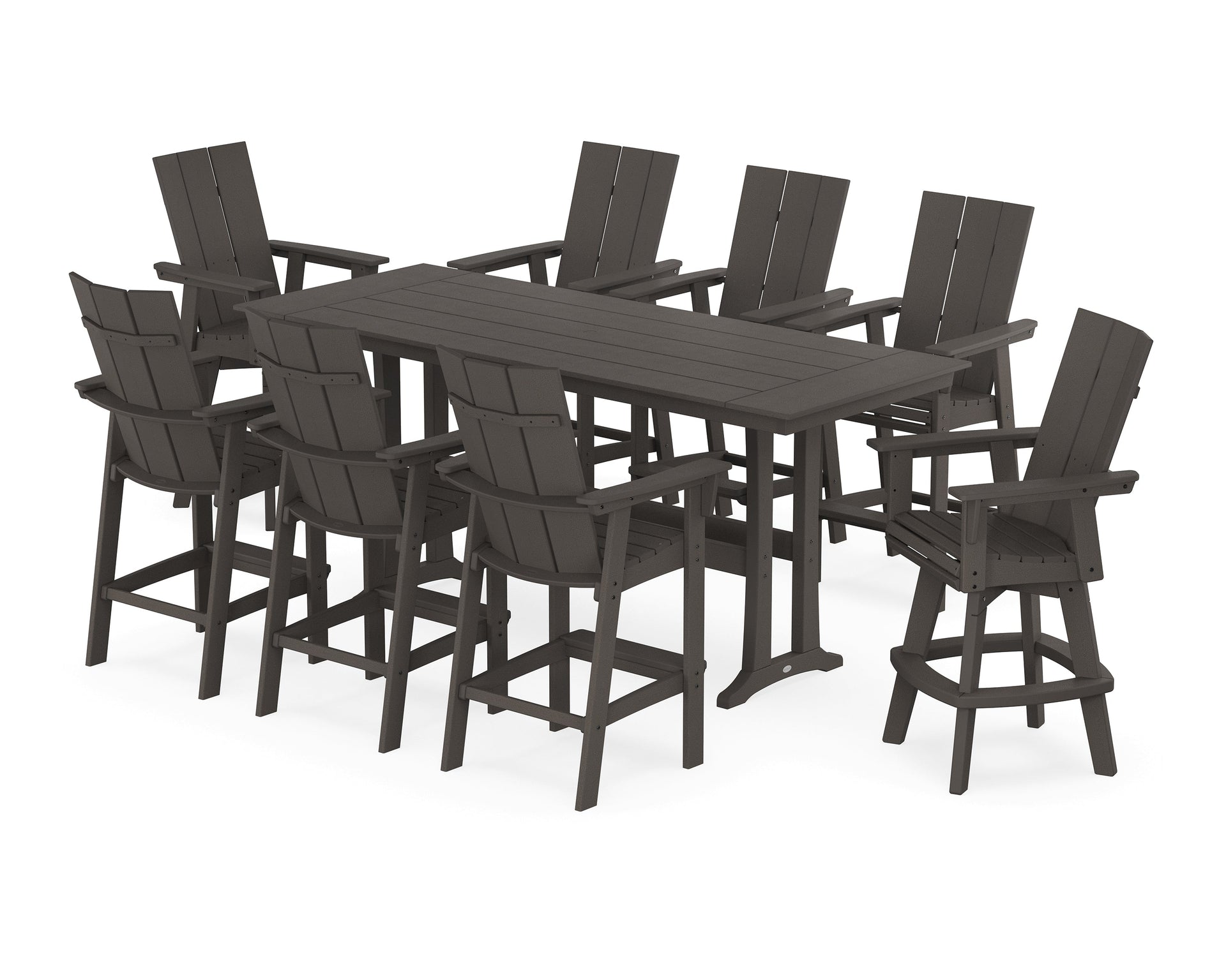 Modern Curveback Adirondack Swivel 9-Piece Farmhouse Bar Set with Trestle Legs