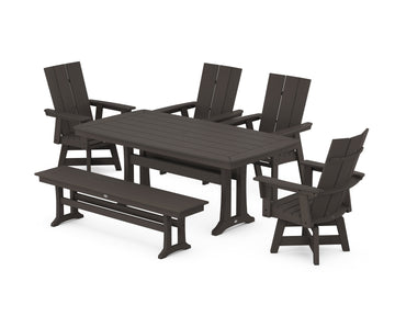Modern Curveback Adirondack Swivel Chair 6-Piece Dining Set with Trestle Legs and Bench