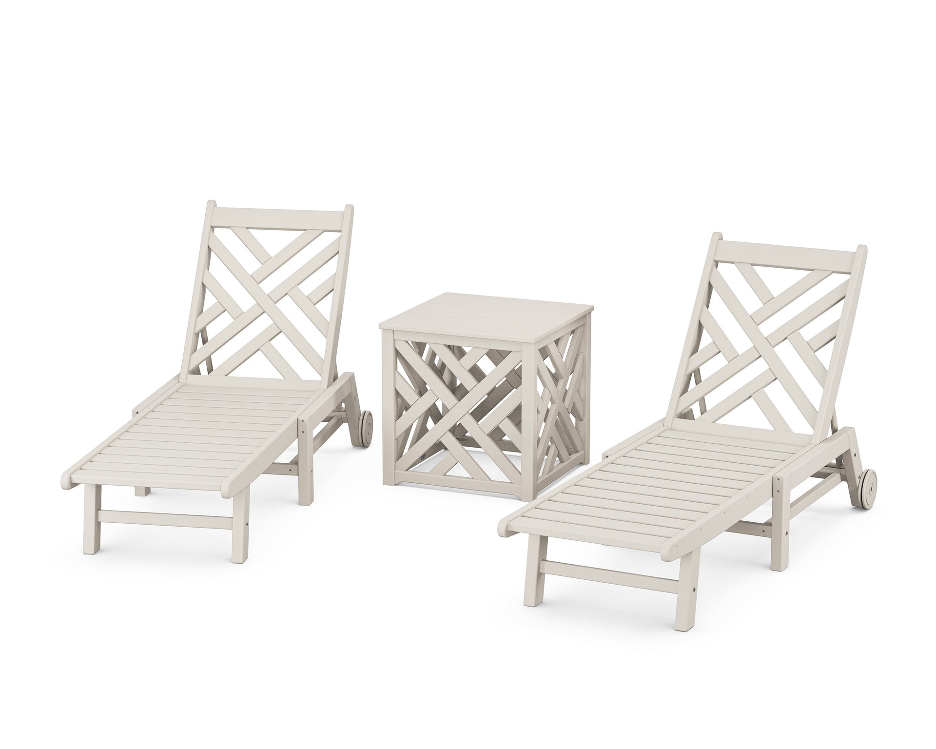 Chippendale 3-Piece Chaise Set with Wheels and Umbrella Stand Accent Table